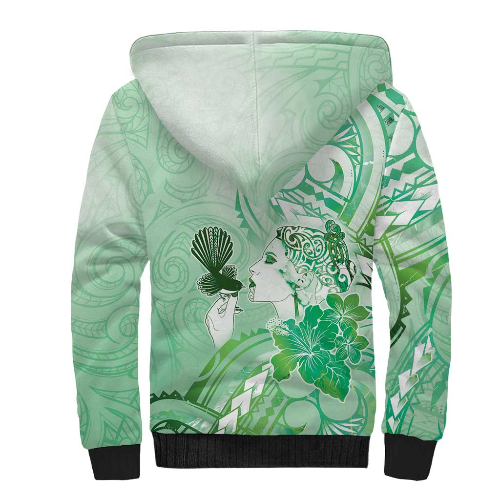 Aotearoa Maori Wahine Sherpa Hoodie Fantail Bird Green Gold Marble LT05 - Polynesian Pride