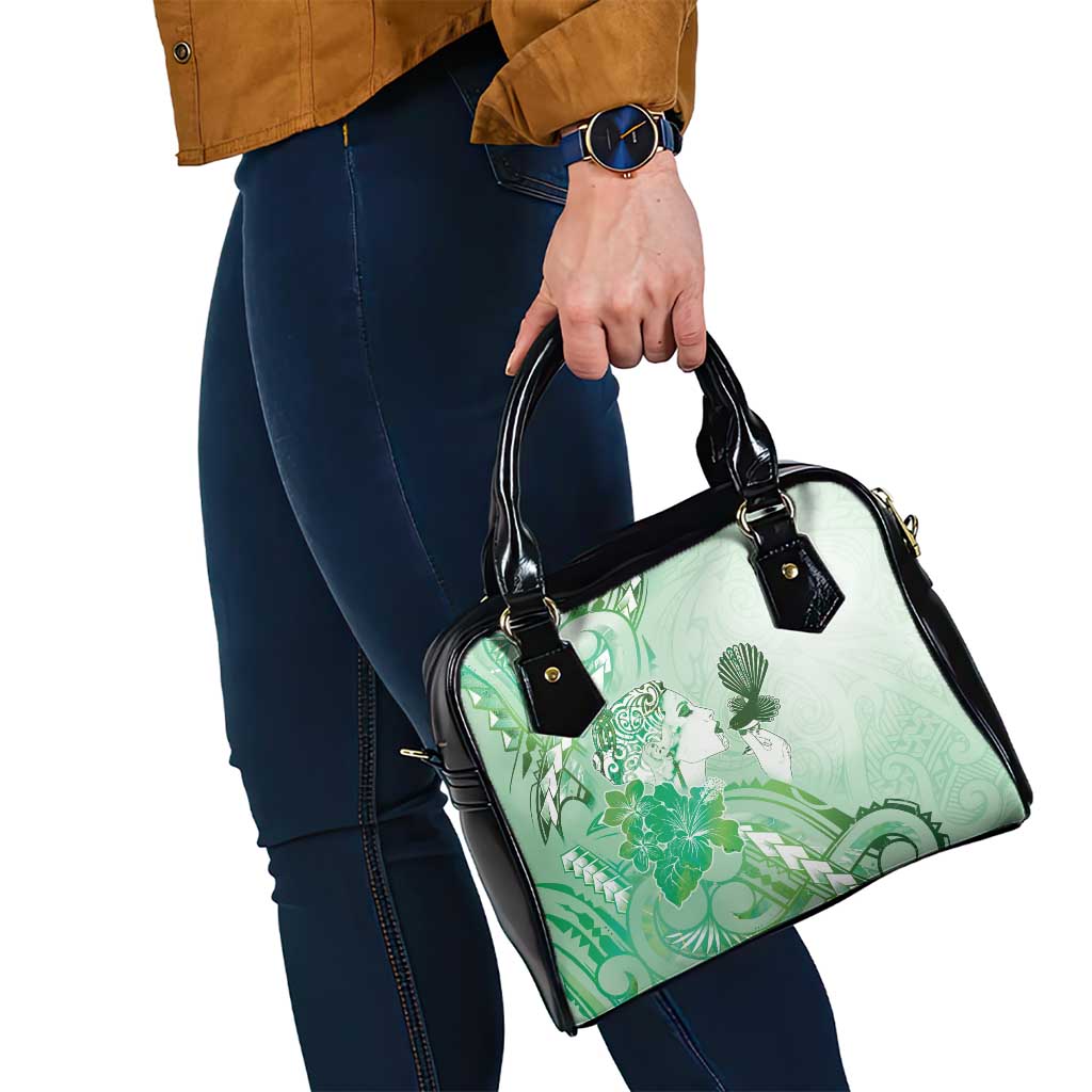 Aotearoa Maori Wahine Shoulder Handbag Fantail Bird Green Gold Marble