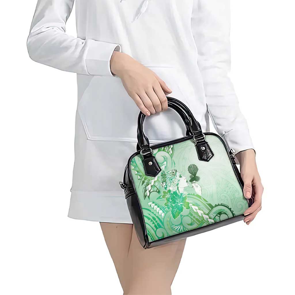 Aotearoa Maori Wahine Shoulder Handbag Fantail Bird Green Gold Marble