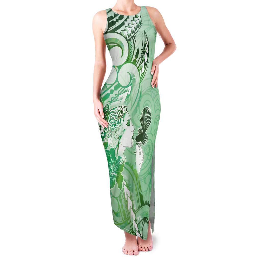 Aotearoa Maori Wahine Tank Maxi Dress Fantail Bird Green Gold Marble LT05 Women Green - Polynesian Pride