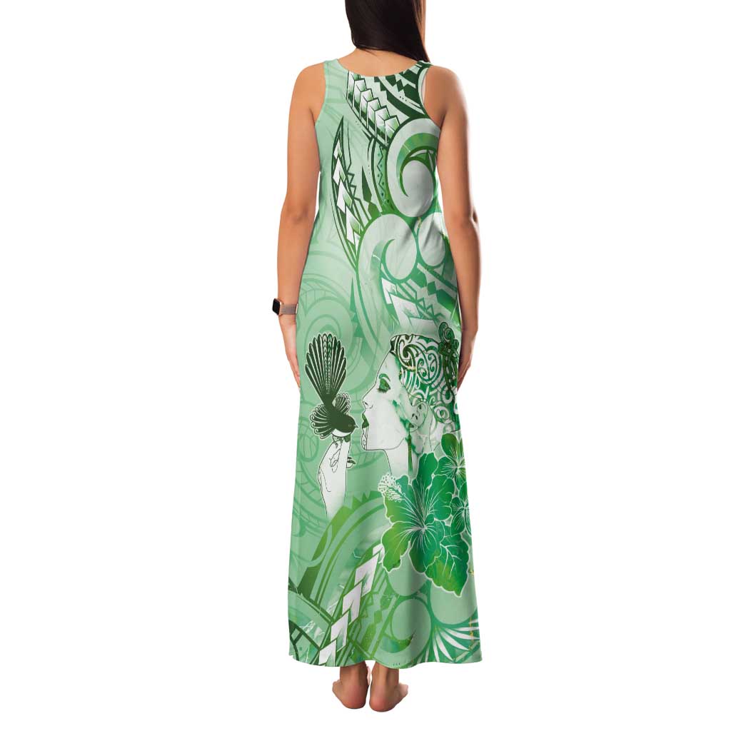 Aotearoa Maori Wahine Tank Maxi Dress Fantail Bird Green Gold Marble LT05 - Polynesian Pride