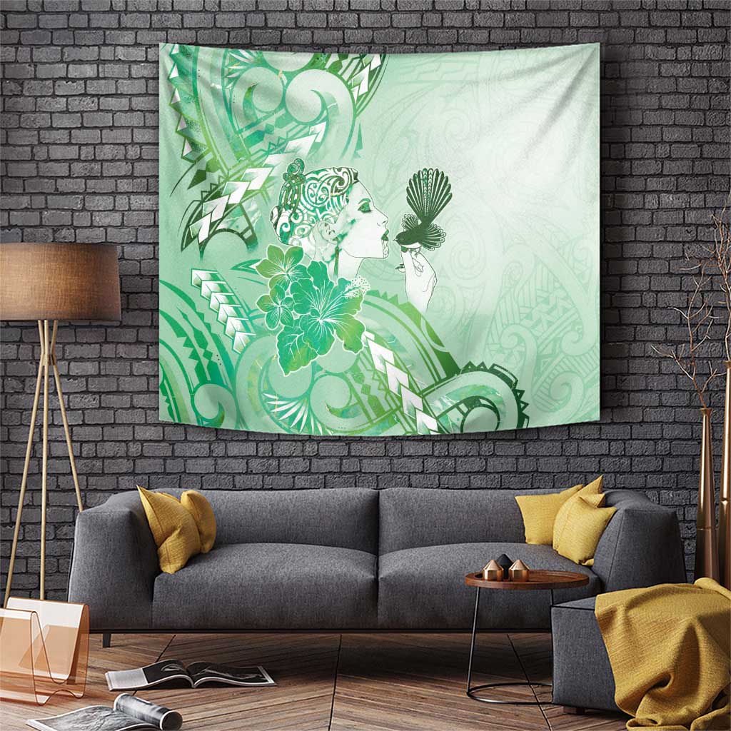 Aotearoa Maori Wahine Tapestry Fantail Bird Green Gold Marble LT05 Green - Polynesian Pride