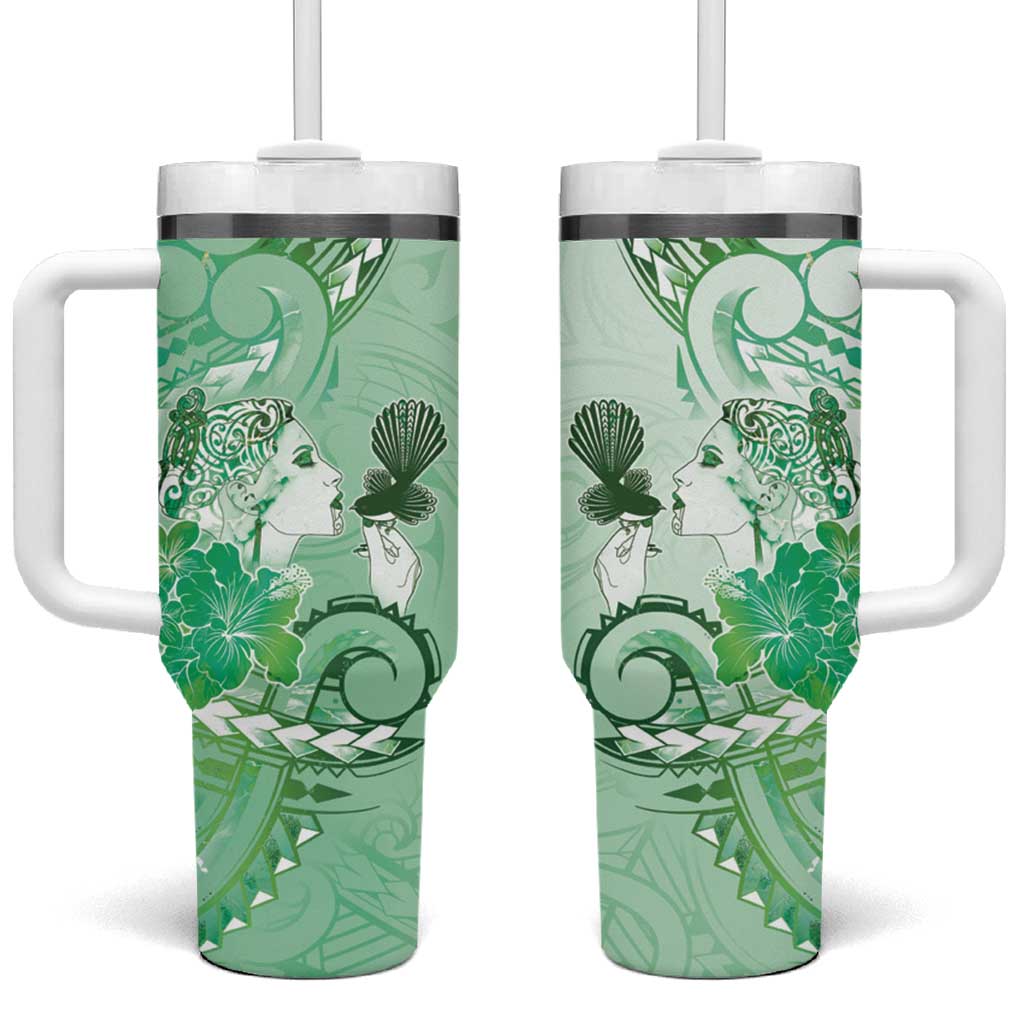 Aotearoa Maori Wahine Tumbler With Handle Fantail Bird Green Gold Marble LT05 One Size: 40 oz Green - Polynesian Pride