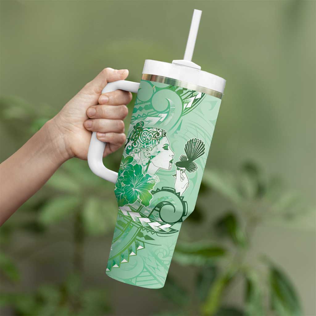 Aotearoa Maori Wahine Tumbler With Handle Fantail Bird Green Gold Marble LT05 - Polynesian Pride