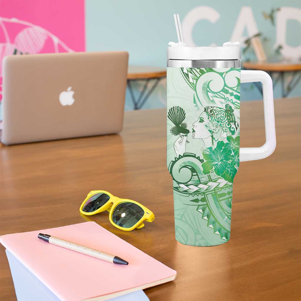 Aotearoa Maori Wahine Tumbler With Handle Fantail Bird Green Gold Marble LT05 - Polynesian Pride