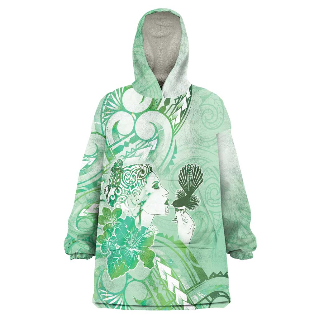 Aotearoa Maori Wahine Wearable Blanket Hoodie Fantail Bird Green Gold Marble LT05 One Size Green - Polynesian Pride