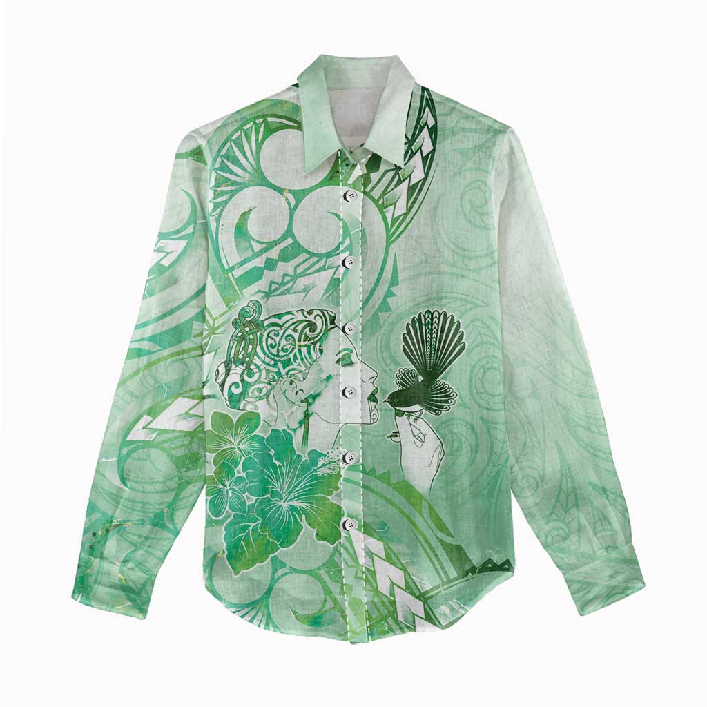 Aotearoa Maori Wahine Women Casual Shirt Fantail Bird Green Gold Marble LT05 - Polynesian Pride