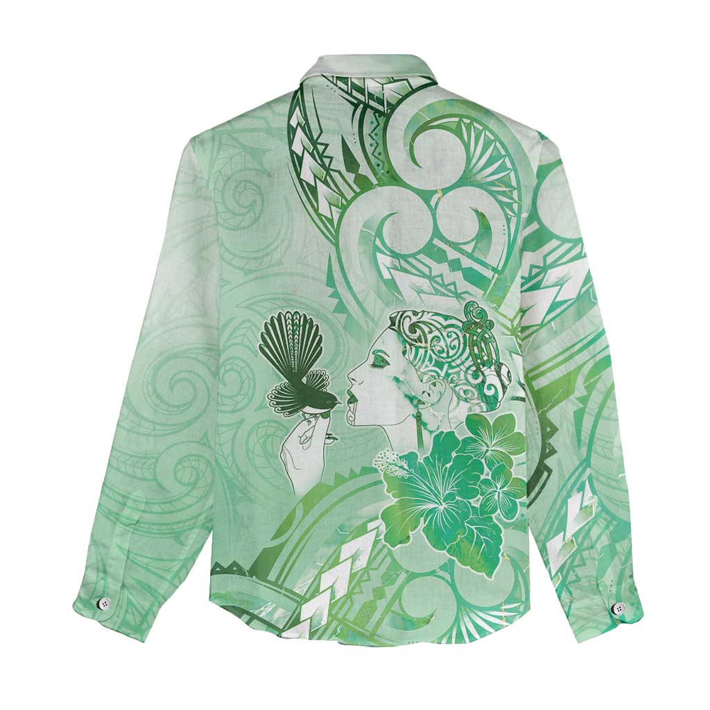 Aotearoa Maori Wahine Women Casual Shirt Fantail Bird Green Gold Marble LT05 - Polynesian Pride