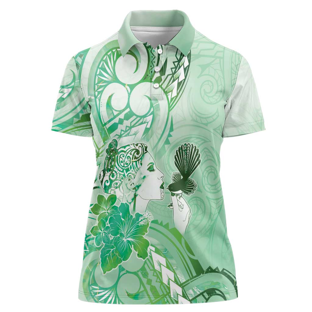 Aotearoa Maori Wahine Women Polo Shirt Fantail Bird Green Gold Marble LT05 Female Green - Polynesian Pride