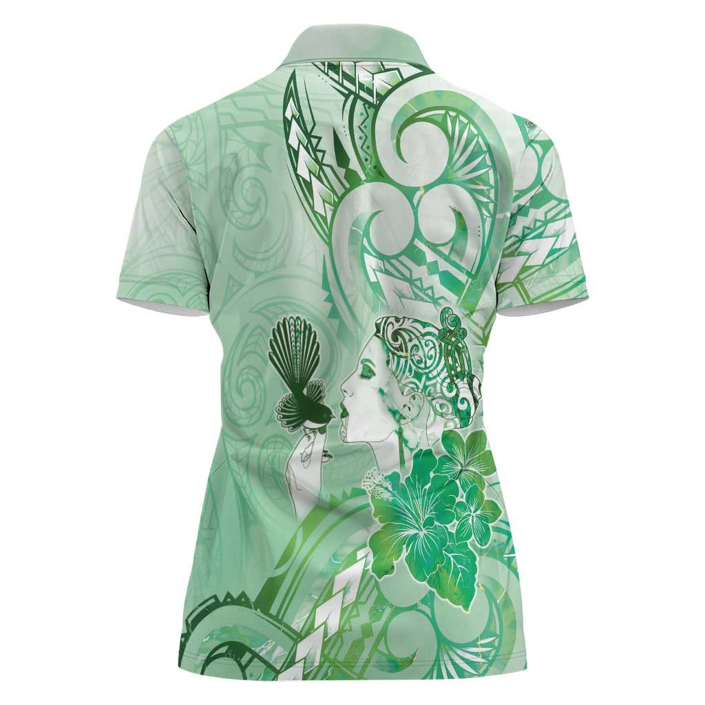 Aotearoa Maori Wahine Women Polo Shirt Fantail Bird Green Gold Marble LT05 - Polynesian Pride