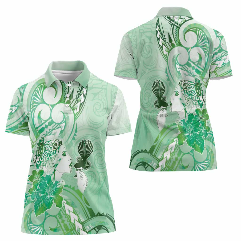 Aotearoa Maori Wahine Women Polo Shirt Fantail Bird Green Gold Marble LT05 - Polynesian Pride