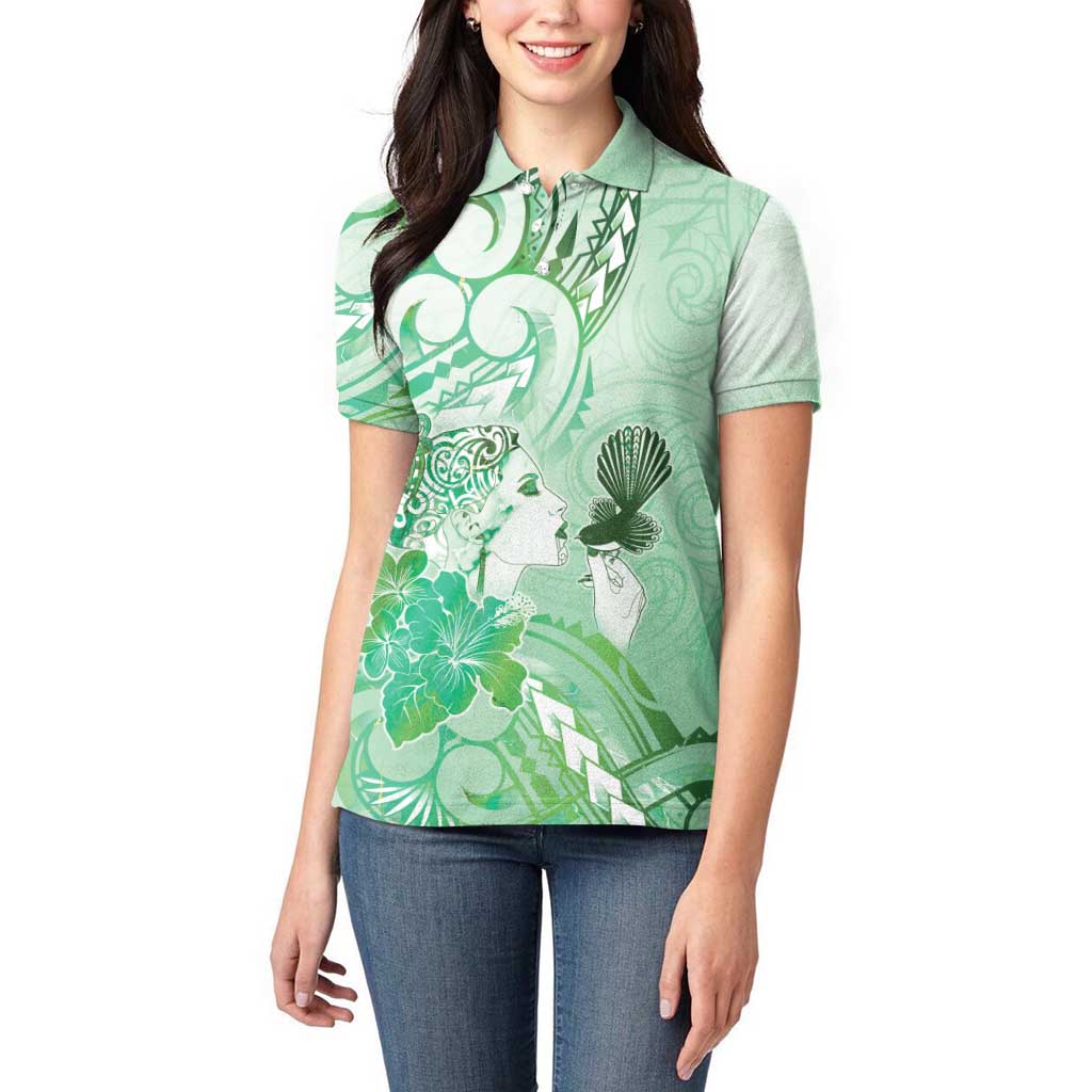 Aotearoa Maori Wahine Women Polo Shirt Fantail Bird Green Gold Marble LT05 - Polynesian Pride