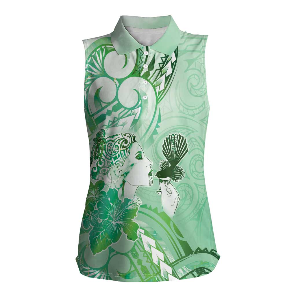 Aotearoa Maori Wahine Women Sleeveless Polo Shirt Fantail Bird Green Gold Marble LT05 Female Green - Polynesian Pride