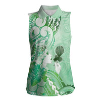 Aotearoa Maori Wahine Women Sleeveless Polo Shirt Fantail Bird Green Gold Marble LT05 Female Green - Polynesian Pride