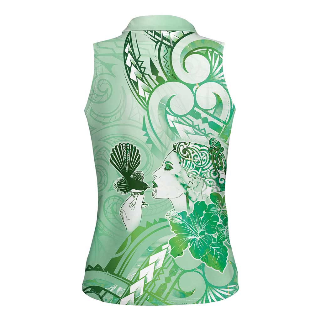 Aotearoa Maori Wahine Women Sleeveless Polo Shirt Fantail Bird Green Gold Marble LT05 - Polynesian Pride