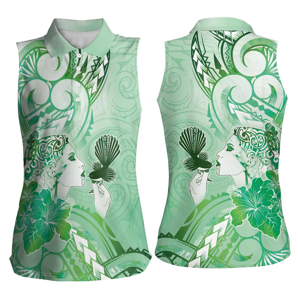 Aotearoa Maori Wahine Women Sleeveless Polo Shirt Fantail Bird Green Gold Marble LT05 - Polynesian Pride