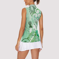 Aotearoa Maori Wahine Women Sleeveless Polo Shirt Fantail Bird Green Gold Marble LT05 - Polynesian Pride