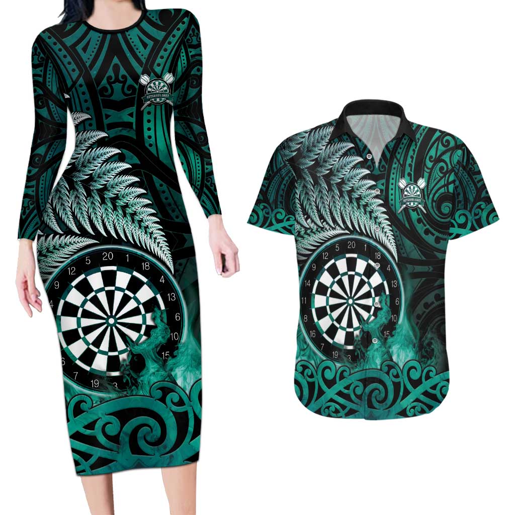 Personalised New Zealand Darts Couples Matching Long Sleeve Bodycon Dress and Hawaiian Shirt Maori Koru Dartboard Turquoise Flame LT05 Turquoise - Polynesian Pride