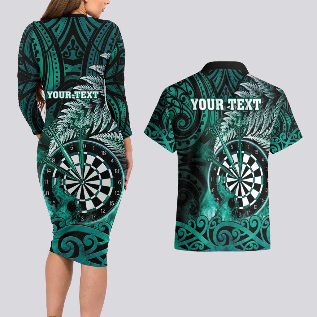 Personalised New Zealand Darts Couples Matching Long Sleeve Bodycon Dress and Hawaiian Shirt Maori Koru Dartboard Turquoise Flame LT05 - Polynesian Pride