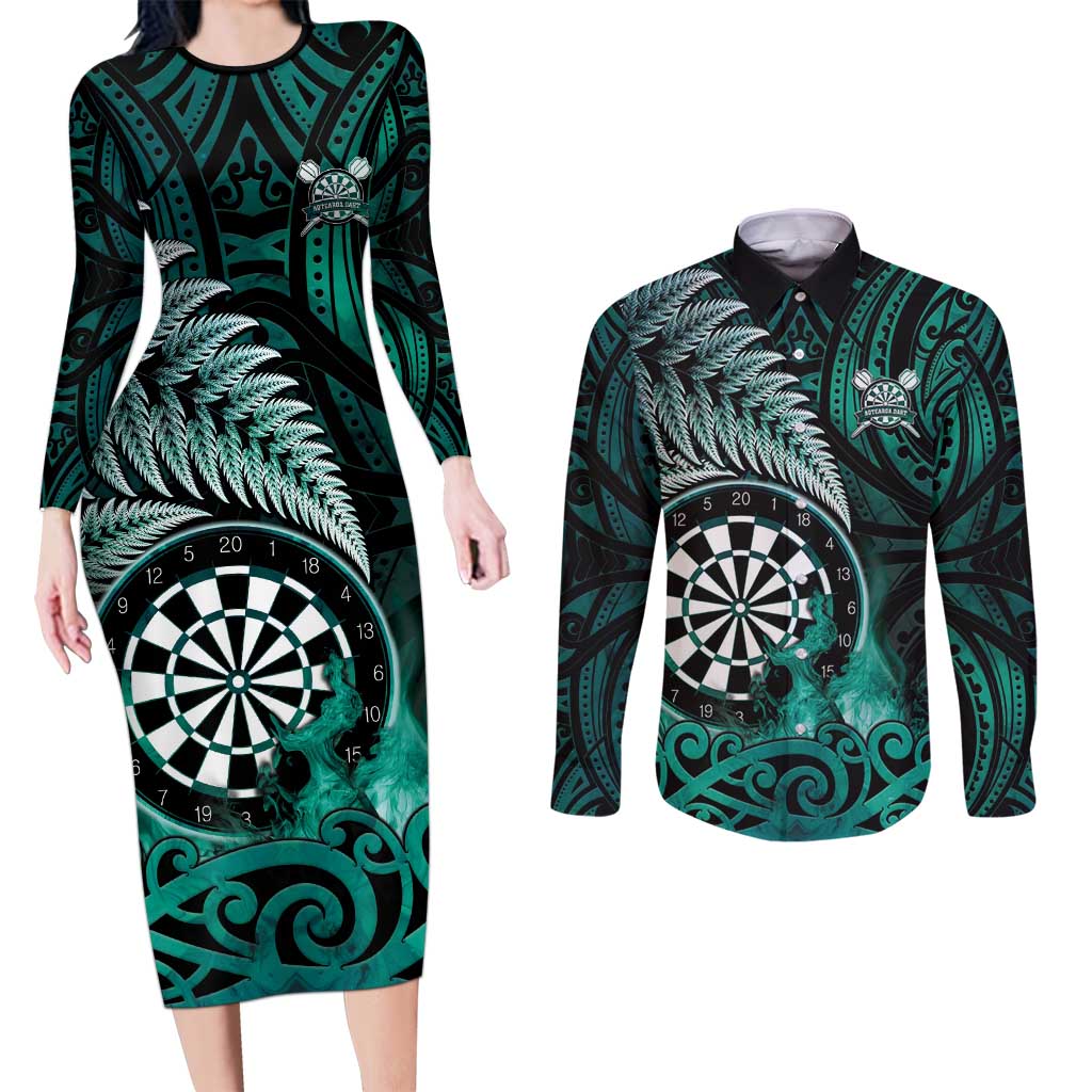 Personalised New Zealand Darts Couples Matching Long Sleeve Bodycon Dress and Long Sleeve Button Shirt Maori Koru Dartboard Turquoise Flame LT05 Turquoise - Polynesian Pride