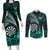 Personalised New Zealand Darts Couples Matching Long Sleeve Bodycon Dress and Long Sleeve Button Shirt Maori Koru Dartboard Turquoise Flame LT05 Turquoise - Polynesian Pride