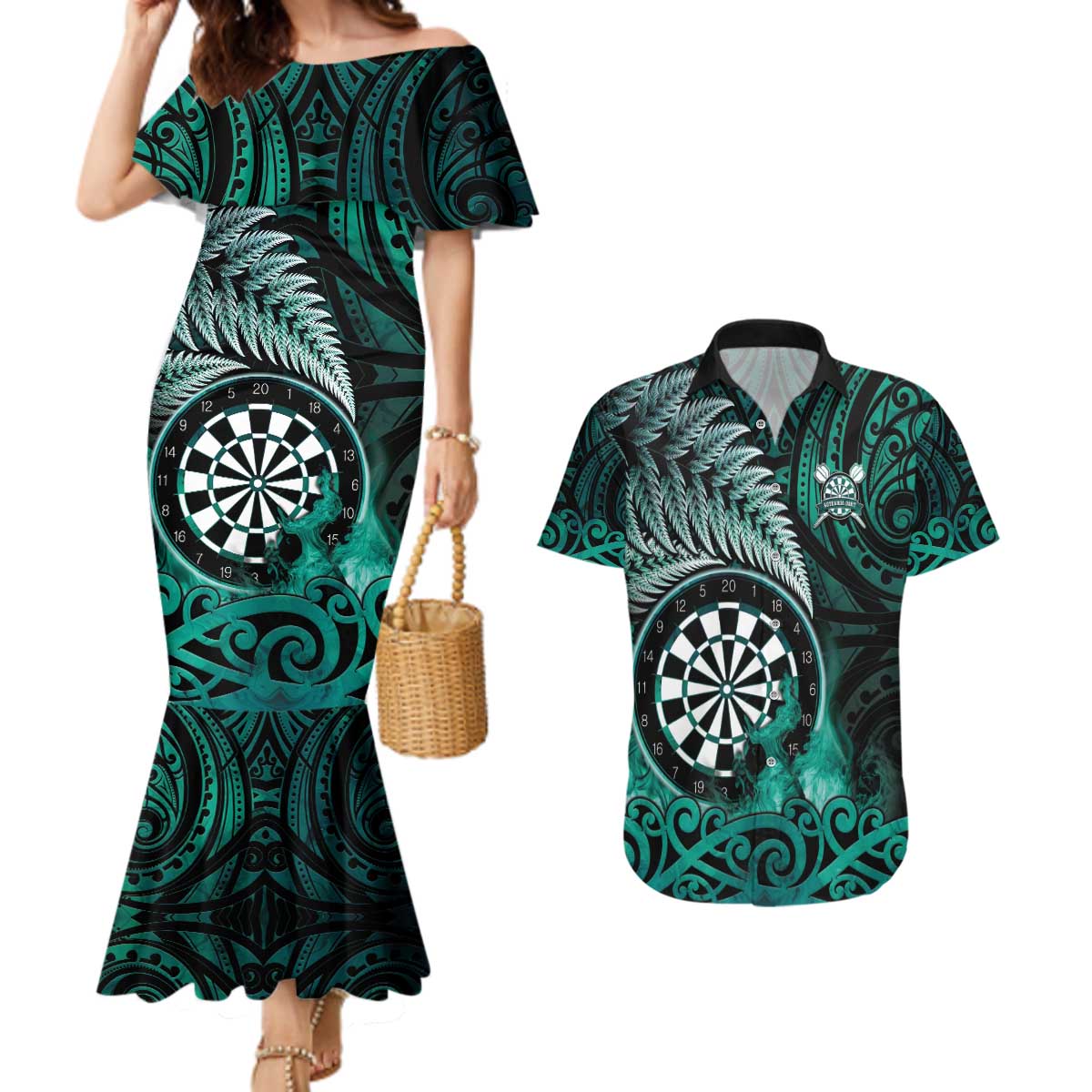 Personalised New Zealand Darts Couples Matching Mermaid Dress and Hawaiian Shirt Maori Koru Dartboard Turquoise Flame LT05 Turquoise - Polynesian Pride