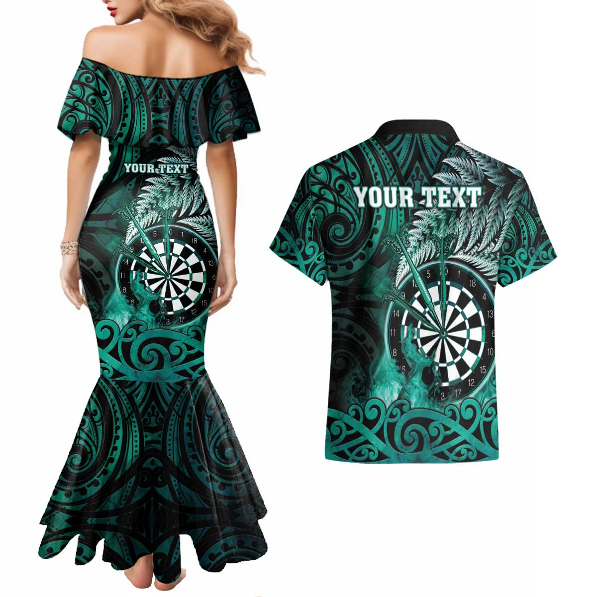 Personalised New Zealand Darts Couples Matching Mermaid Dress and Hawaiian Shirt Maori Koru Dartboard Turquoise Flame LT05 - Polynesian Pride
