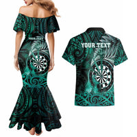 Personalised New Zealand Darts Couples Matching Mermaid Dress and Hawaiian Shirt Maori Koru Dartboard Turquoise Flame LT05 - Polynesian Pride