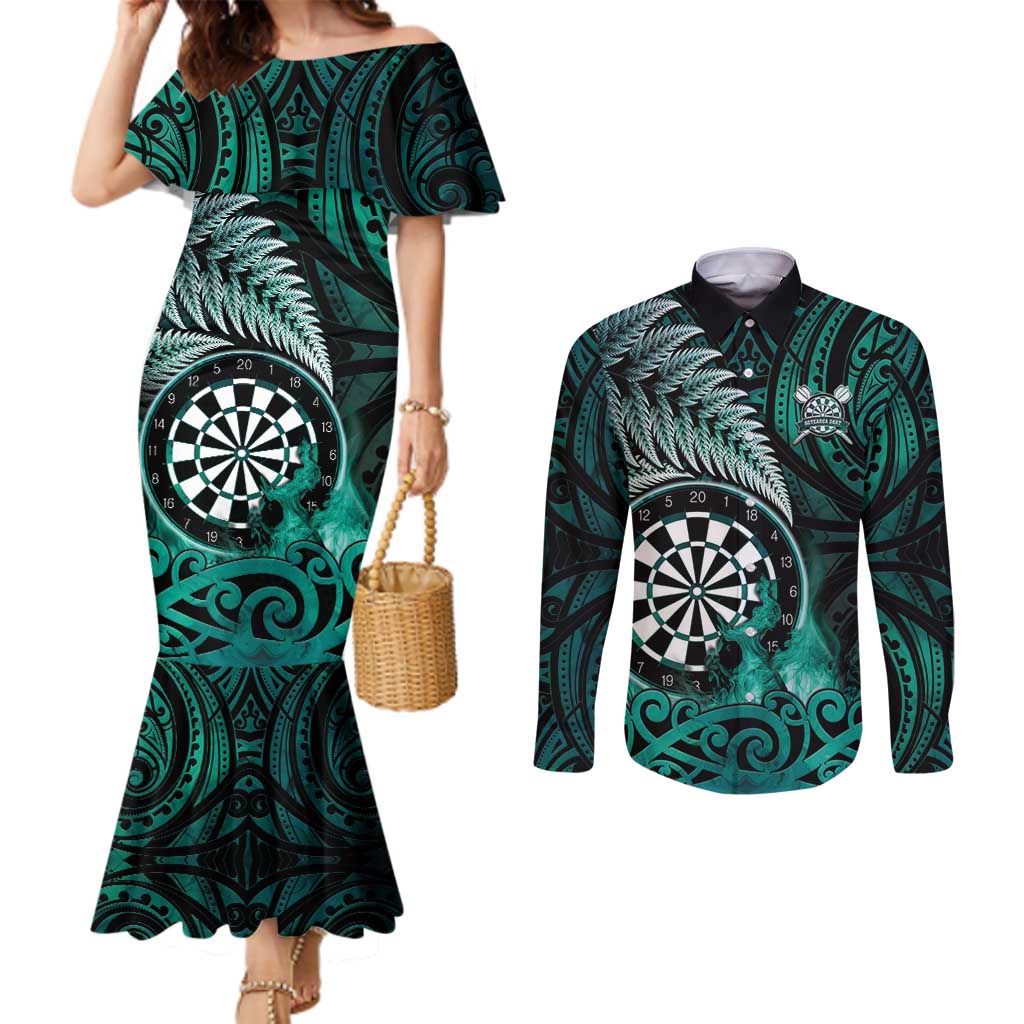 Personalised New Zealand Darts Couples Matching Mermaid Dress and Long Sleeve Button Shirt Maori Koru Dartboard Turquoise Flame LT05 Turquoise - Polynesian Pride