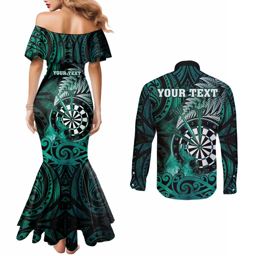 Personalised New Zealand Darts Couples Matching Mermaid Dress and Long Sleeve Button Shirt Maori Koru Dartboard Turquoise Flame LT05 - Polynesian Pride