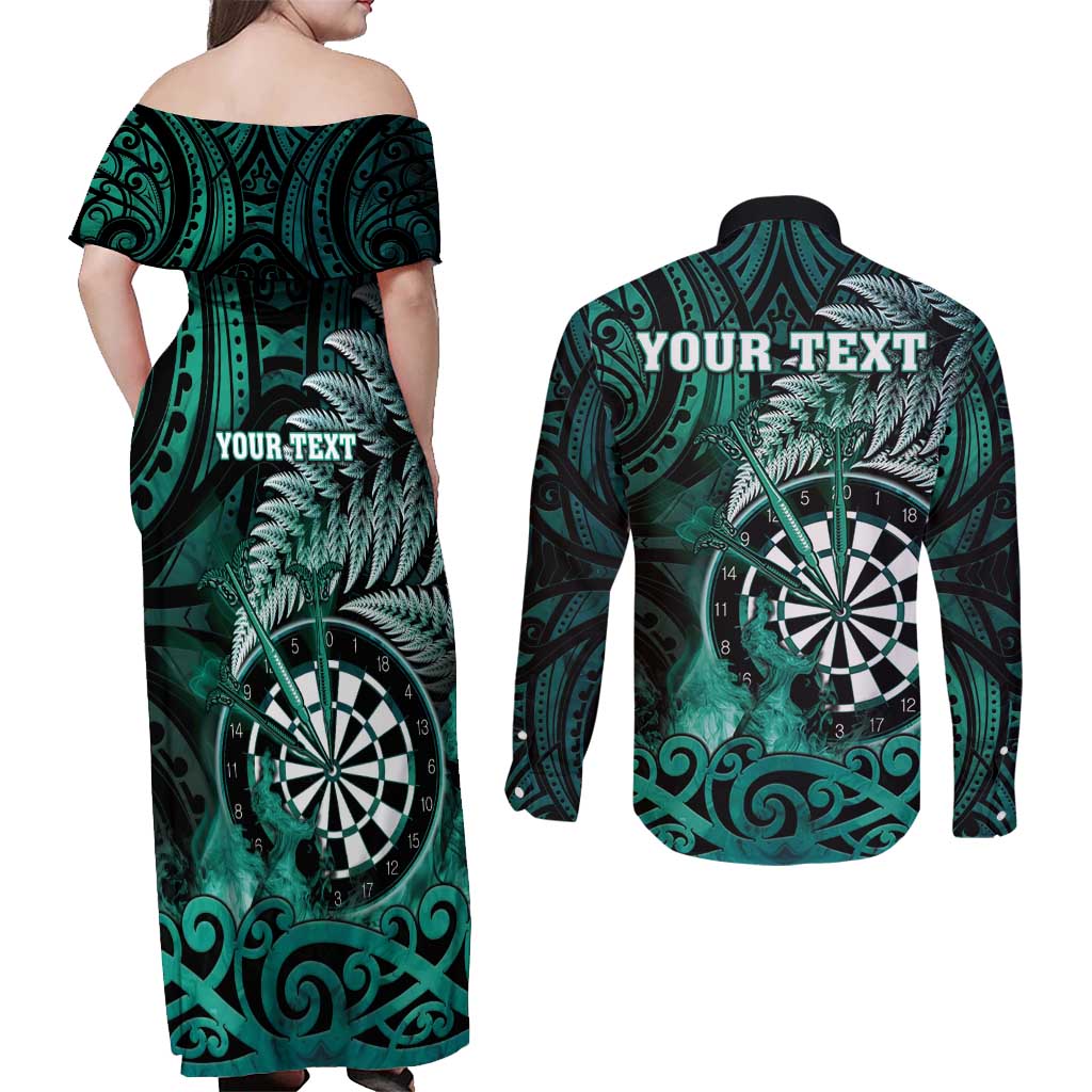 Personalised New Zealand Darts Couples Matching Off Shoulder Maxi Dress and Long Sleeve Button Shirt Maori Koru Dartboard Turquoise Flame LT05 - Polynesian Pride