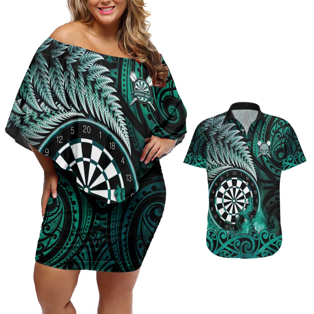 Personalised New Zealand Darts Couples Matching Off Shoulder Short Dress and Hawaiian Shirt Maori Koru Dartboard Turquoise Flame LT05 Turquoise - Polynesian Pride