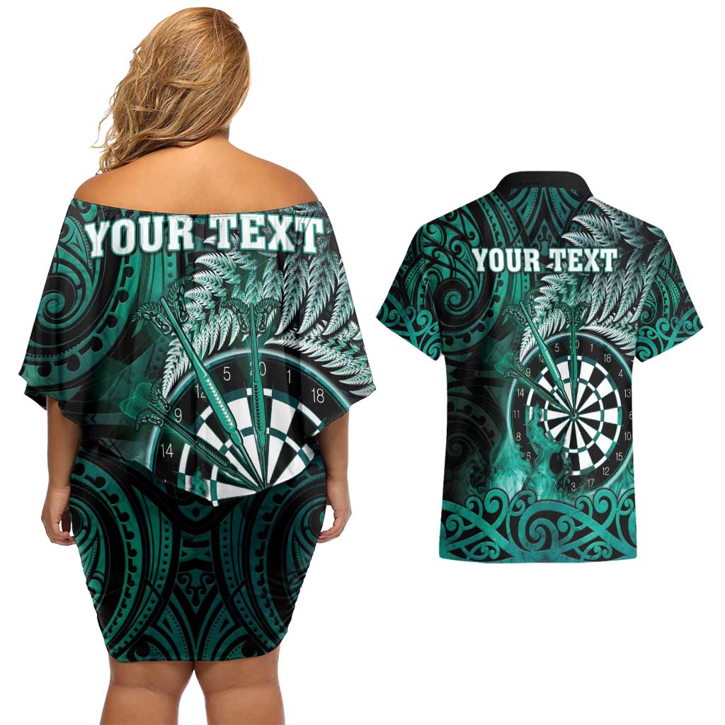 Personalised New Zealand Darts Couples Matching Off Shoulder Short Dress and Hawaiian Shirt Maori Koru Dartboard Turquoise Flame LT05 - Polynesian Pride