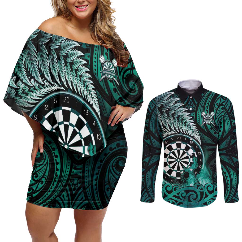 Personalised New Zealand Darts Couples Matching Off Shoulder Short Dress and Long Sleeve Button Shirt Maori Koru Dartboard Turquoise Flame LT05 Turquoise - Polynesian Pride