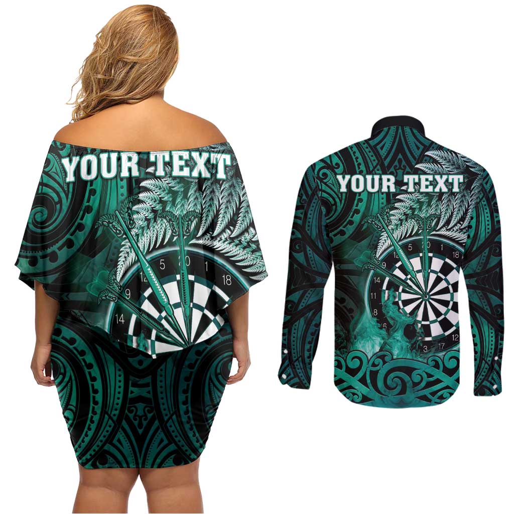 Personalised New Zealand Darts Couples Matching Off Shoulder Short Dress and Long Sleeve Button Shirt Maori Koru Dartboard Turquoise Flame LT05 - Polynesian Pride