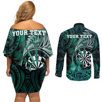 Personalised New Zealand Darts Couples Matching Off Shoulder Short Dress and Long Sleeve Button Shirt Maori Koru Dartboard Turquoise Flame LT05 - Polynesian Pride