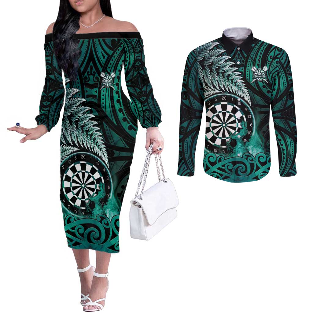 Personalised New Zealand Darts Couples Matching Off The Shoulder Long Sleeve Dress and Long Sleeve Button Shirt Maori Koru Dartboard Turquoise Flame LT05 Turquoise - Polynesian Pride