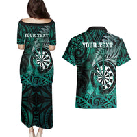 Personalised New Zealand Darts Couples Matching Puletasi and Hawaiian Shirt Maori Koru Dartboard Turquoise Flame LT05 - Polynesian Pride