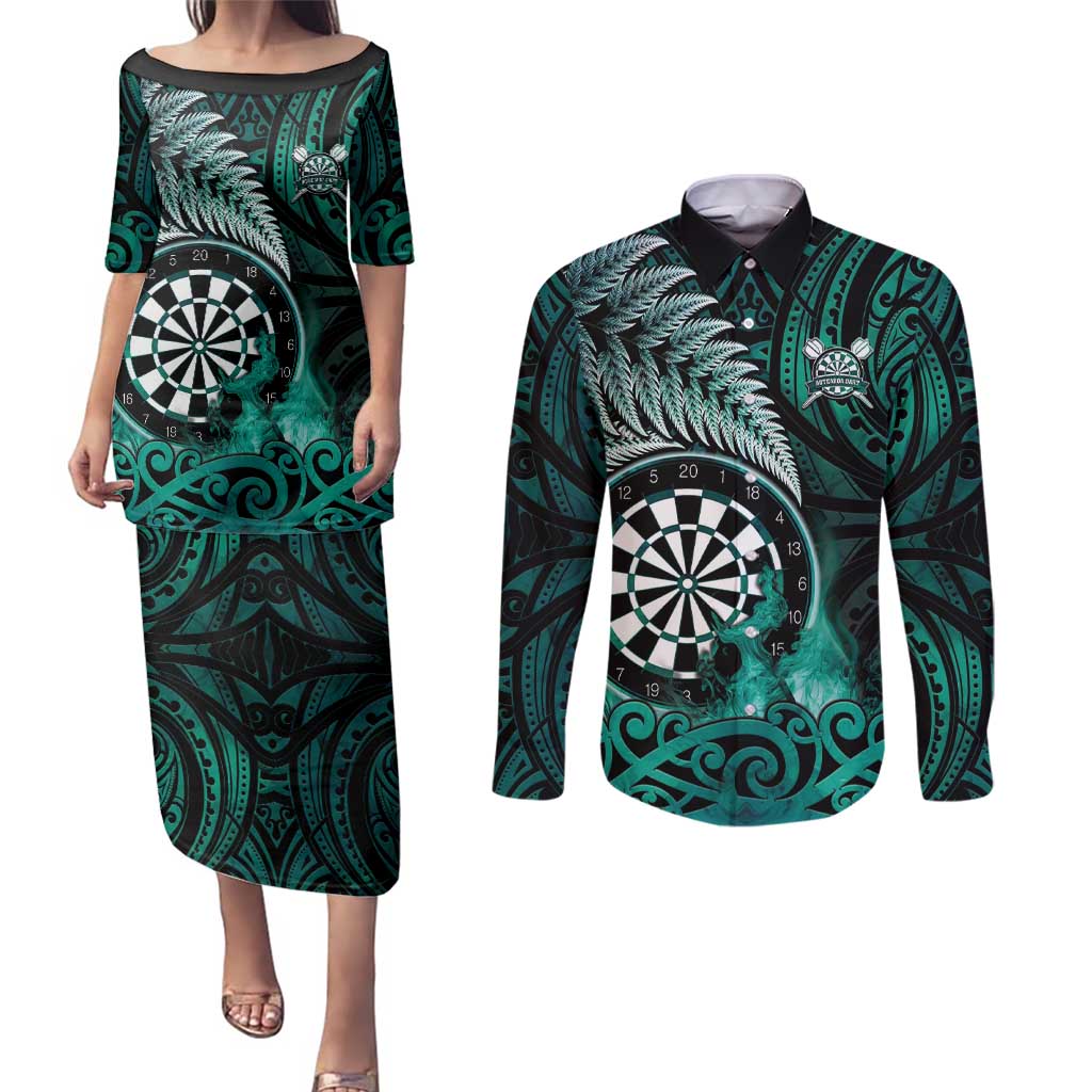 Personalised New Zealand Darts Couples Matching Puletasi and Long Sleeve Button Shirt Maori Koru Dartboard Turquoise Flame LT05 Turquoise - Polynesian Pride