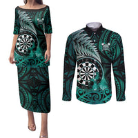 Personalised New Zealand Darts Couples Matching Puletasi and Long Sleeve Button Shirt Maori Koru Dartboard Turquoise Flame LT05 Turquoise - Polynesian Pride