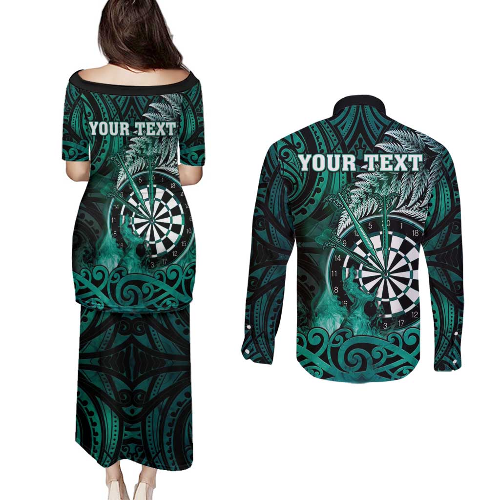 Personalised New Zealand Darts Couples Matching Puletasi and Long Sleeve Button Shirt Maori Koru Dartboard Turquoise Flame LT05 - Polynesian Pride