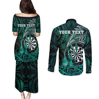 Personalised New Zealand Darts Couples Matching Puletasi and Long Sleeve Button Shirt Maori Koru Dartboard Turquoise Flame LT05 - Polynesian Pride