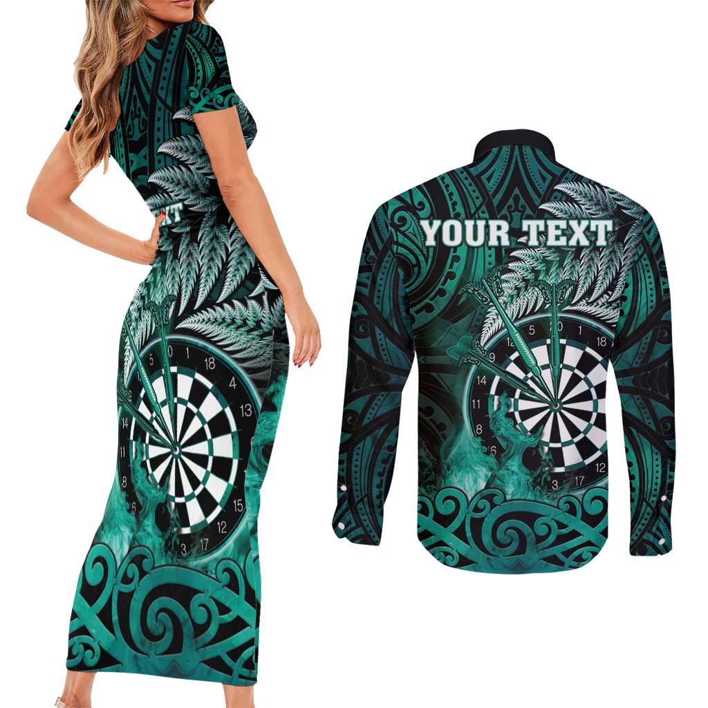 Personalised New Zealand Darts Couples Matching Short Sleeve Bodycon Dress and Long Sleeve Button Shirt Maori Koru Dartboard Turquoise Flame LT05 - Polynesian Pride