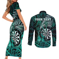Personalised New Zealand Darts Couples Matching Short Sleeve Bodycon Dress and Long Sleeve Button Shirt Maori Koru Dartboard Turquoise Flame LT05 - Polynesian Pride