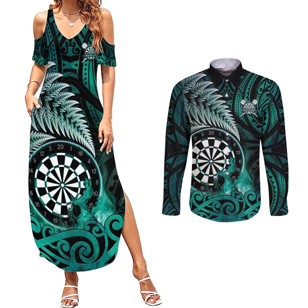 Personalised New Zealand Darts Couples Matching Summer Maxi Dress and Long Sleeve Button Shirt Maori Koru Dartboard Turquoise Flame LT05 Turquoise - Polynesian Pride