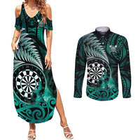 Personalised New Zealand Darts Couples Matching Summer Maxi Dress and Long Sleeve Button Shirt Maori Koru Dartboard Turquoise Flame LT05 Turquoise - Polynesian Pride