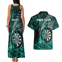 Personalised New Zealand Darts Couples Matching Tank Maxi Dress and Hawaiian Shirt Maori Koru Dartboard Turquoise Flame LT05 - Polynesian Pride