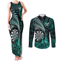Personalised New Zealand Darts Couples Matching Tank Maxi Dress and Long Sleeve Button Shirt Maori Koru Dartboard Turquoise Flame LT05 Turquoise - Polynesian Pride