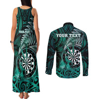 Personalised New Zealand Darts Couples Matching Tank Maxi Dress and Long Sleeve Button Shirt Maori Koru Dartboard Turquoise Flame LT05 - Polynesian Pride