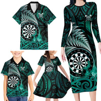 Personalised New Zealand Darts Family Matching Long Sleeve Bodycon Dress and Hawaiian Shirt Maori Koru Dartboard Turquoise Flame LT05 - Polynesian Pride